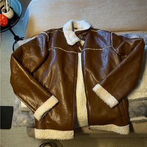 Brown Faux Leather Jacket with White Sherpa Lining